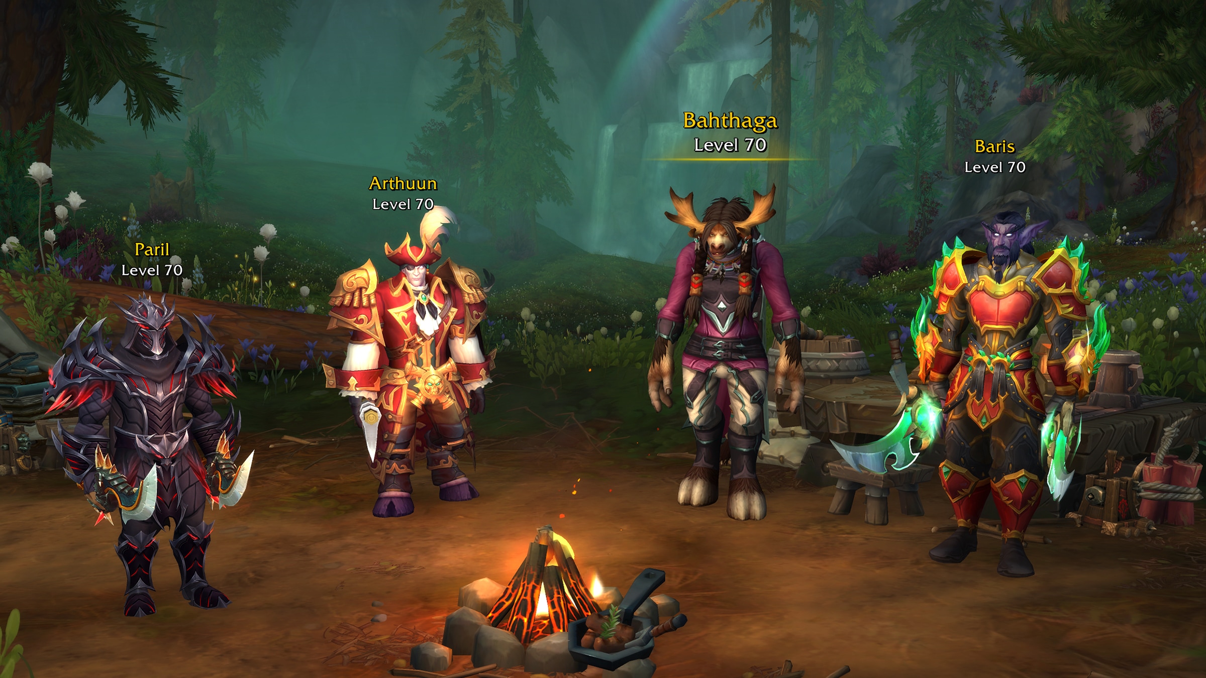 An image showing a warband in World of Warcraft: Dragonflight - several adventurers standing ready for action in front of a campfire.