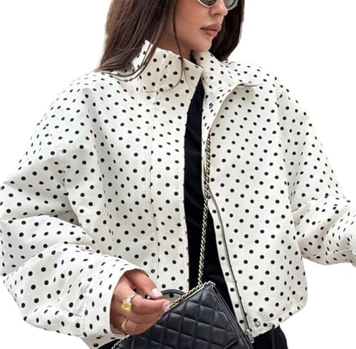Women's Polka Dot Retro Jacket, Black and White, Classic Lapel, Zip Drawstring Hem, Loose Casual Style, Outdoor Sports (uk, Alpha, Xs, Regular, Regular, White)