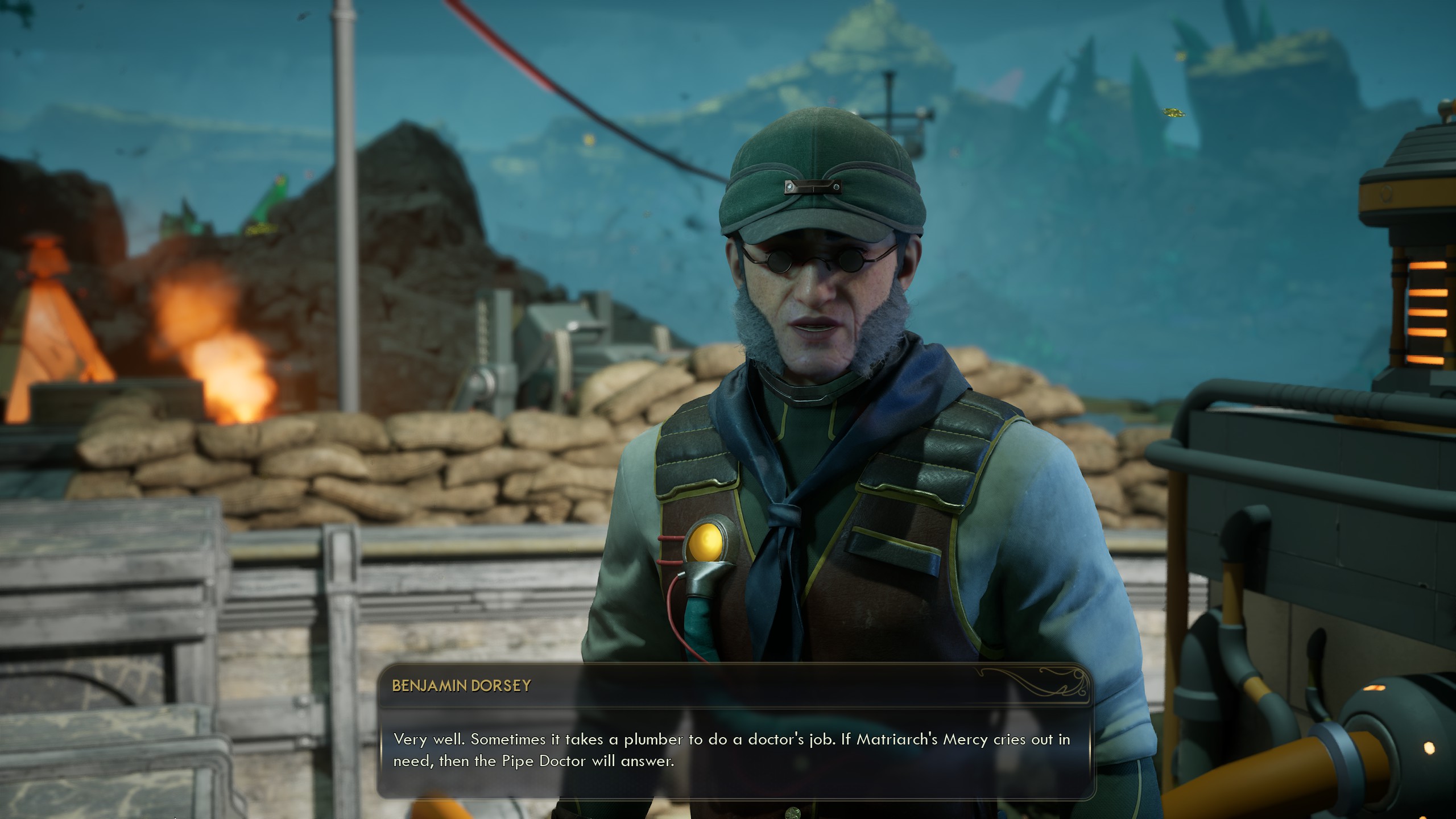 Man with large sideburns talking about being a plumber and doctor in The Outer Worlds 2