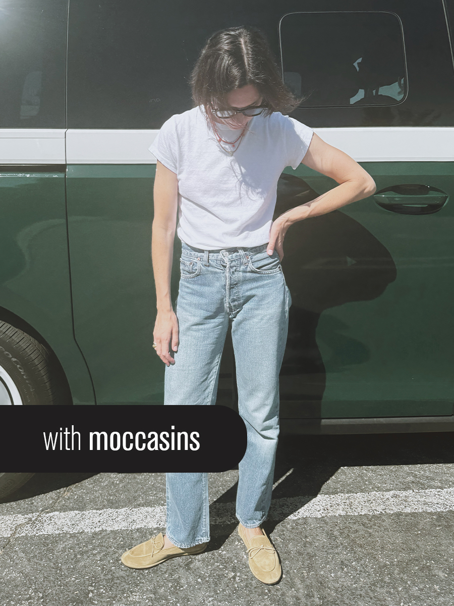 Woman in skinny jeans and moccasins