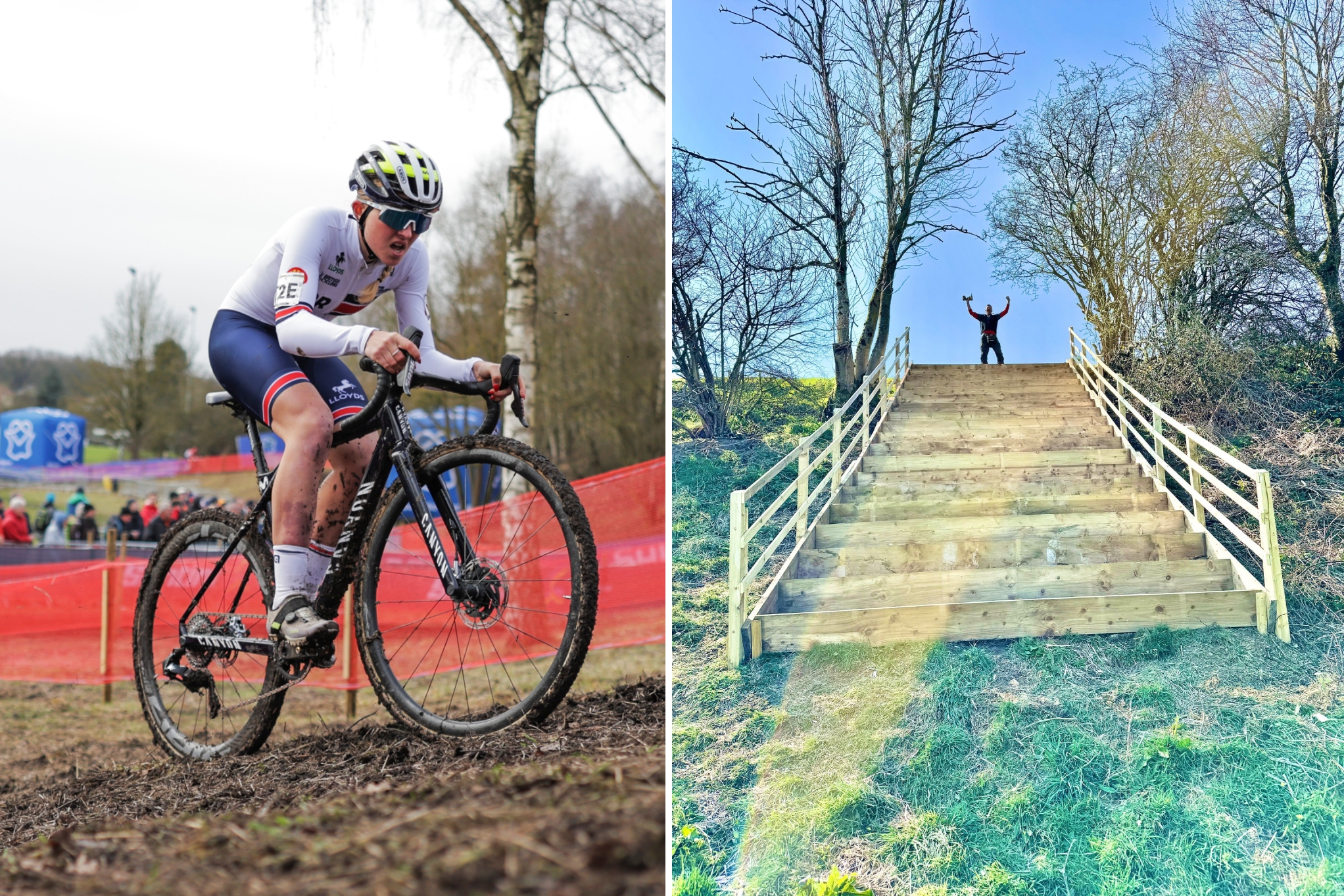 Cat Ferguson during a cyclo-cross race alongside a picture of wooden stairs