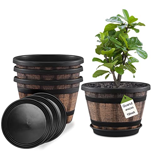 Quarut Plant Pots Set of 4 Pack 12 Inch,large Whiskey Barrel Planters With Drainage Holes &amp;amp; Saucer.plastic Flower Pots Imitation Wine Barrel Design, for Indoor &amp;amp; Outdoor Garden Home Plants (brown)
