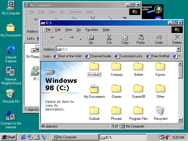 Windows 98 screenshot showing the file explorer.