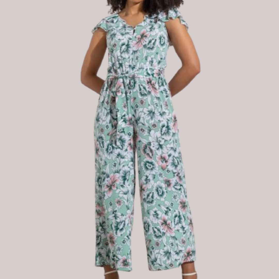 Klass Pale Green Textured Floral Jumpsuit