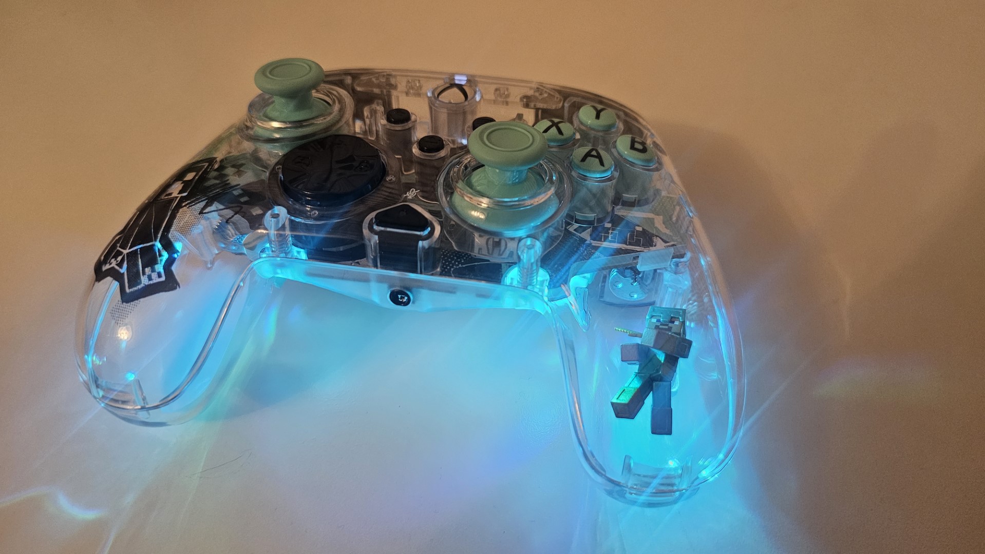 Minecraft controller with LED lights set to Blue