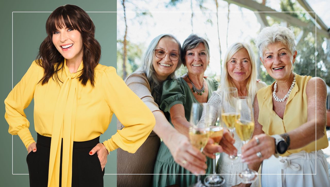 Relationship expert Anna Richardson smiles in a headshot superimposed over a photo of 4 older female friends toasting with champagne