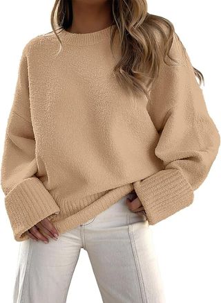 ANRABESS, Anrabess Women's Oversized Crewneck Long Sleeve Fuzzy Knit Casual Chunky Warm 2024 Fall Pullover Sweaters Top Trendy Outfits Apricot X-Large