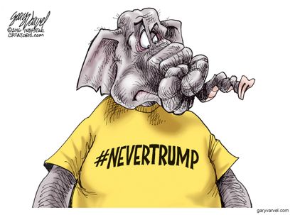 Political cartoon U.S. GOP elephant Never Trump