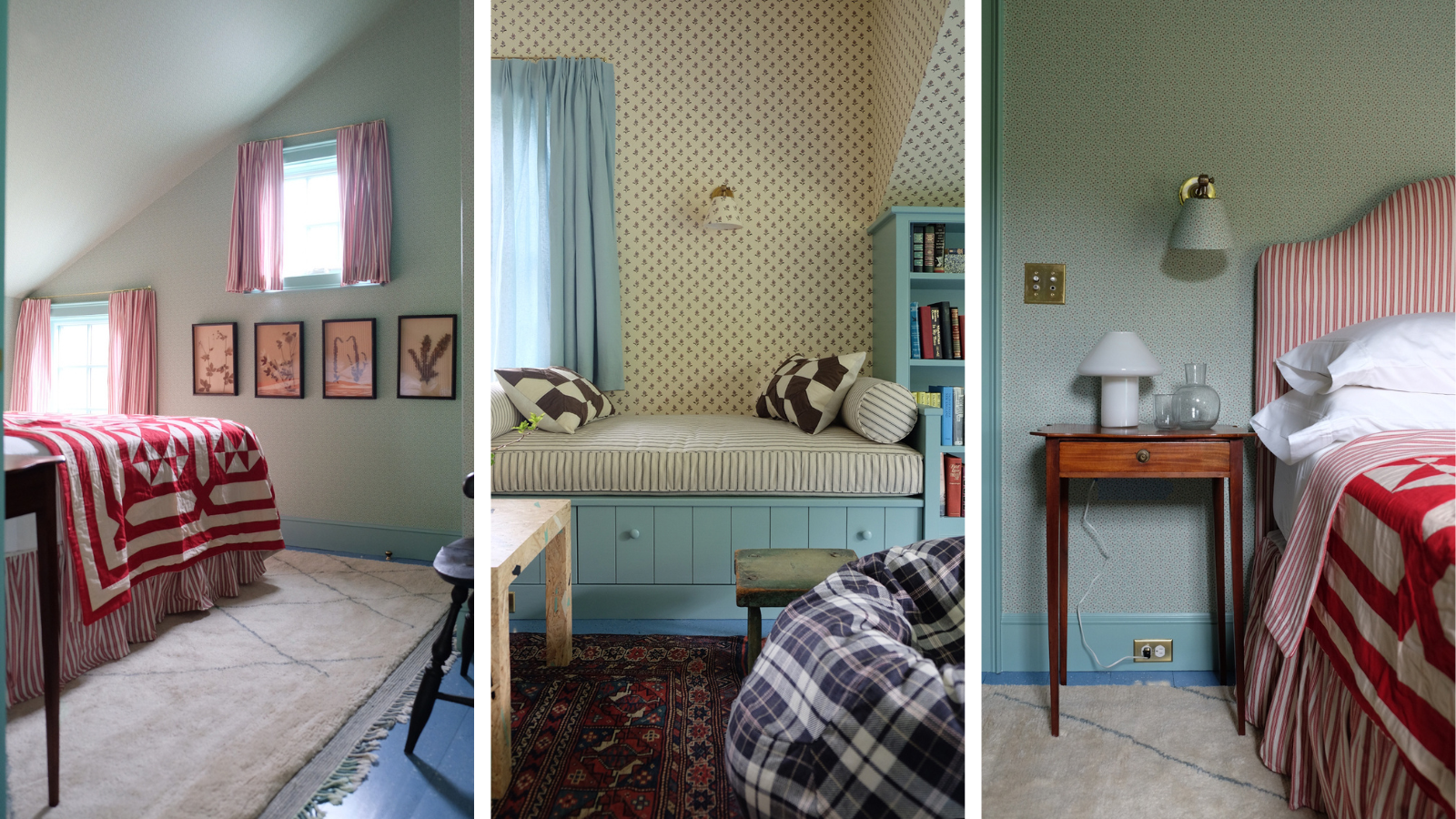 three interior images of bedrooms with patchwork decor