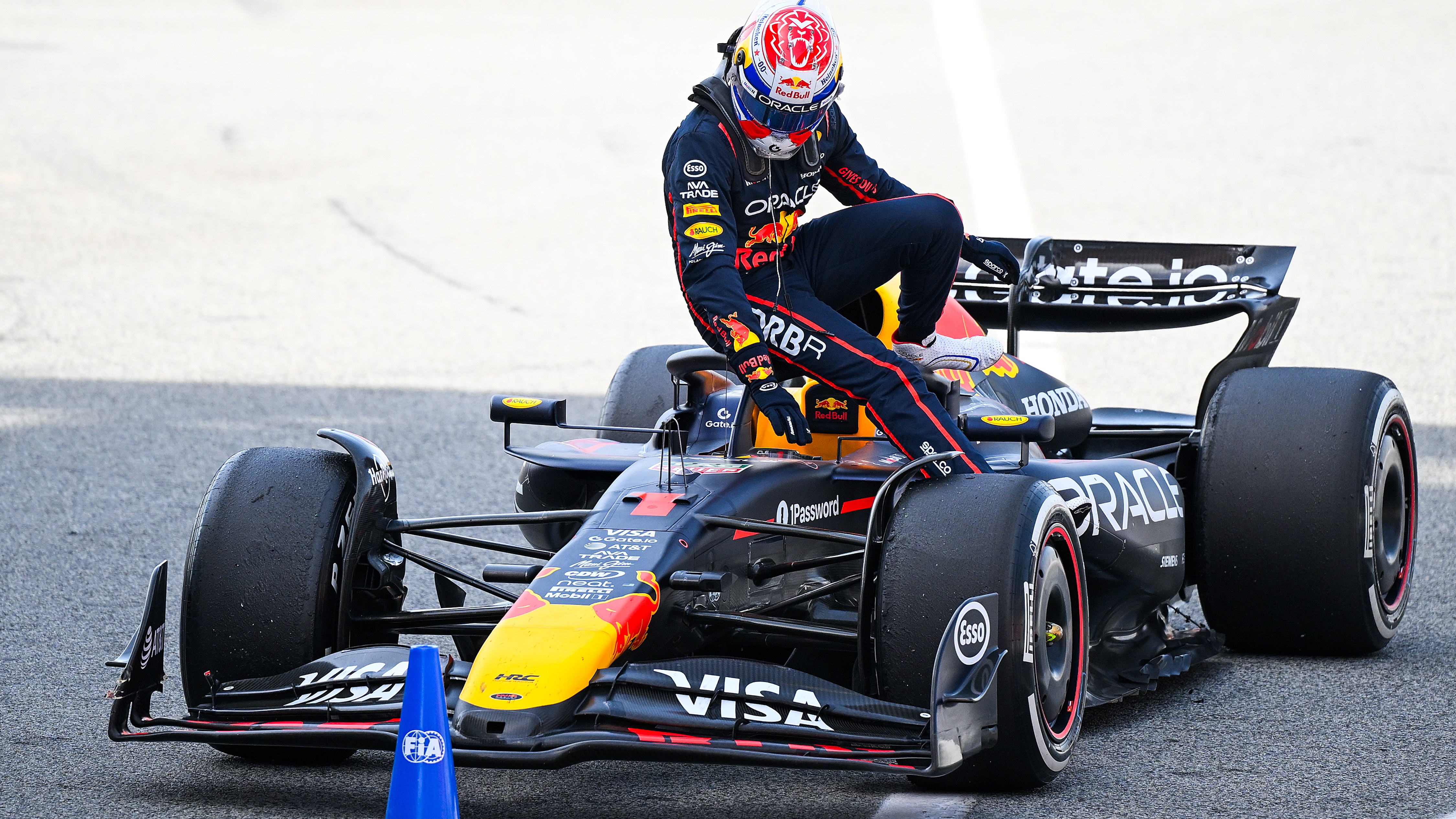 Max Verstappen gets off the RB21 after the Spanish Grand Prix.