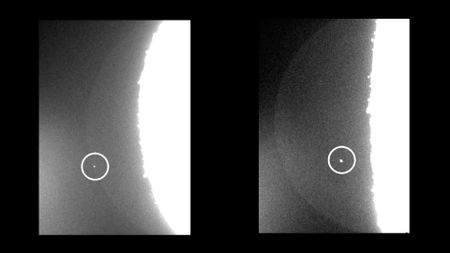 two panel image showing a bright flash on the moon with a circle around it highlighting the location.