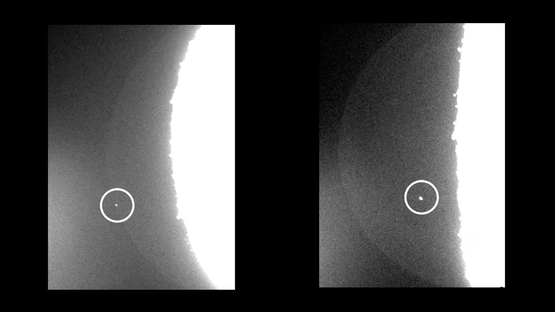 two panel image showing a bright flash on the moon with a circle around it highlighting the location.