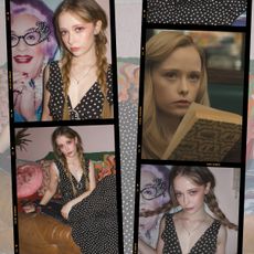 Images of actress Suzanna Son taken by photographer Alexandra French and stills from the Netflix series Monster: The Ed Gein Story put into photo strips. 