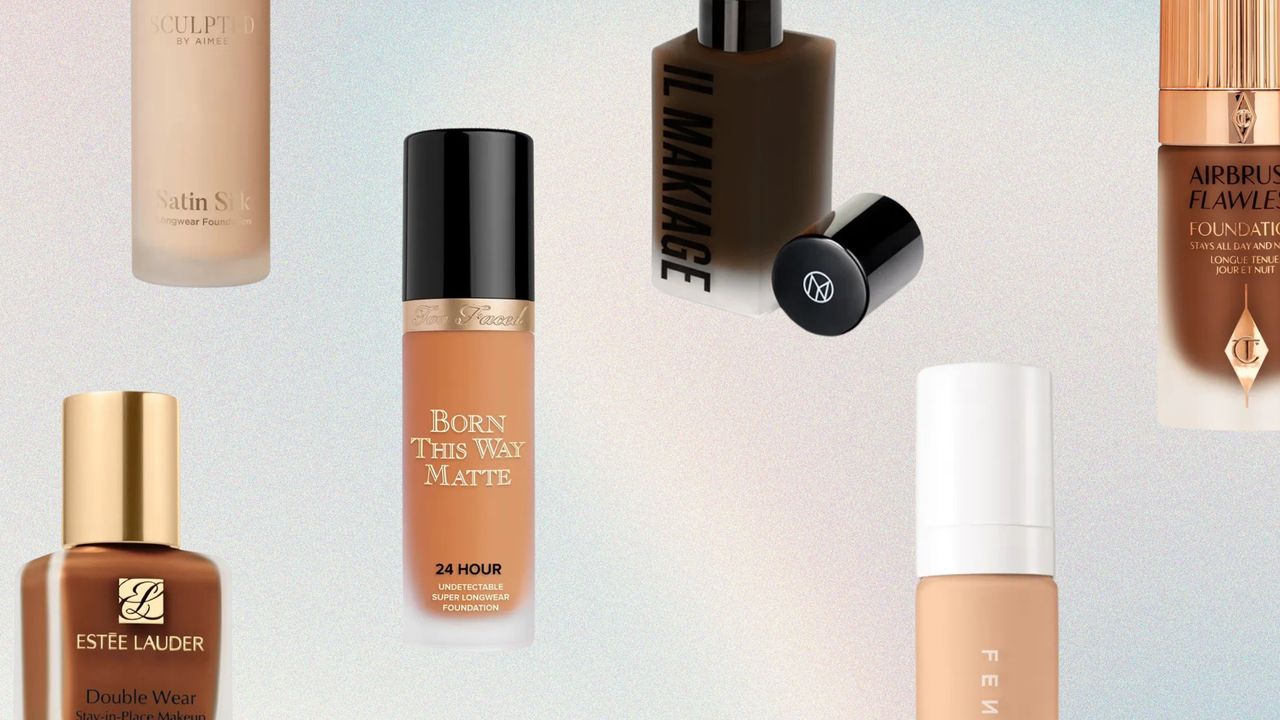 Collage of six of the best foundations for oily skin featured in this guide from (left to right) Estée Lauder, Sculpted by Aimee, Too Faced, Il Makiage, Fenty Beauty and Charlotte Tilbury, set against a pastel blue and cream ombré background