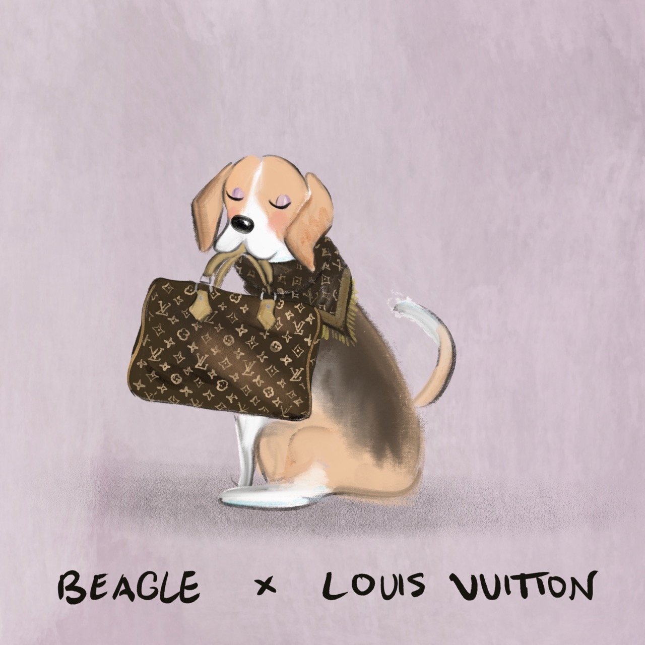 A series of twelve illustrated animals styled as luxury fashion designers: an Afghan hound in a slouchy blush Chlo&amp;eacute; coat; an Airedale Terrier in a navy Ralph Lauren sweater on a tartan blanket; a beagle carrying a classic Louis Vuitton handbag while wearing a monogrammed scarf; an English bulldog in a chunky cream Connolly jumper with green gloves beside it; a Birman cat in a pink Chanel jacket layered with pearls; a corgi standing proudly on an orange Herm&amp;egrave;s box with a silk scarf and pink Birkin-style bag; a long-haired dachshund in a soft cream Brunello Cucinelli cardigan; a Dalmatian posing in a dramatic Dior hat with a veil and a black umbrella; a fox red Labrador wearing a Burberry check headscarf; a poodle strutting in oversized Celine sunglasses and a gold medallion necklace; a Springer spaniel wrapped in an oversized green Barbour jacket beside wellington boots; and a Weimaraner in a sleek black Giorgio Armani turtleneck and dark sunglasses.