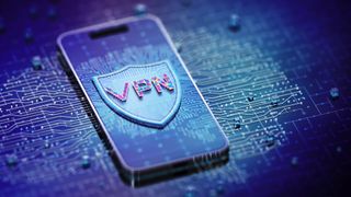 A concept image of a phone against a bright blue circuit board with 'VPN' in a shield on the phone's screen