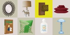 collage of homewares include mirror, palm spring coffee table book, table lamp in shape of horse, green patterned cushion, oliver bonas bath soak, polka dot napkins, addison ross bobbin lamp, and red bedding