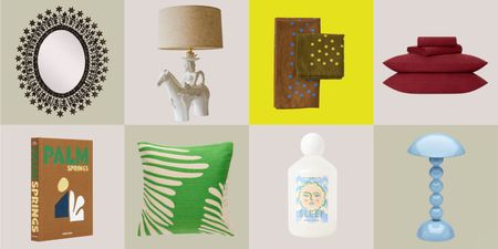 collage of homewares include mirror, palm spring coffee table book, table lamp in shape of horse, green patterned cushion, oliver bonas bath soak, polka dot napkins, addison ross bobbin lamp, and red bedding