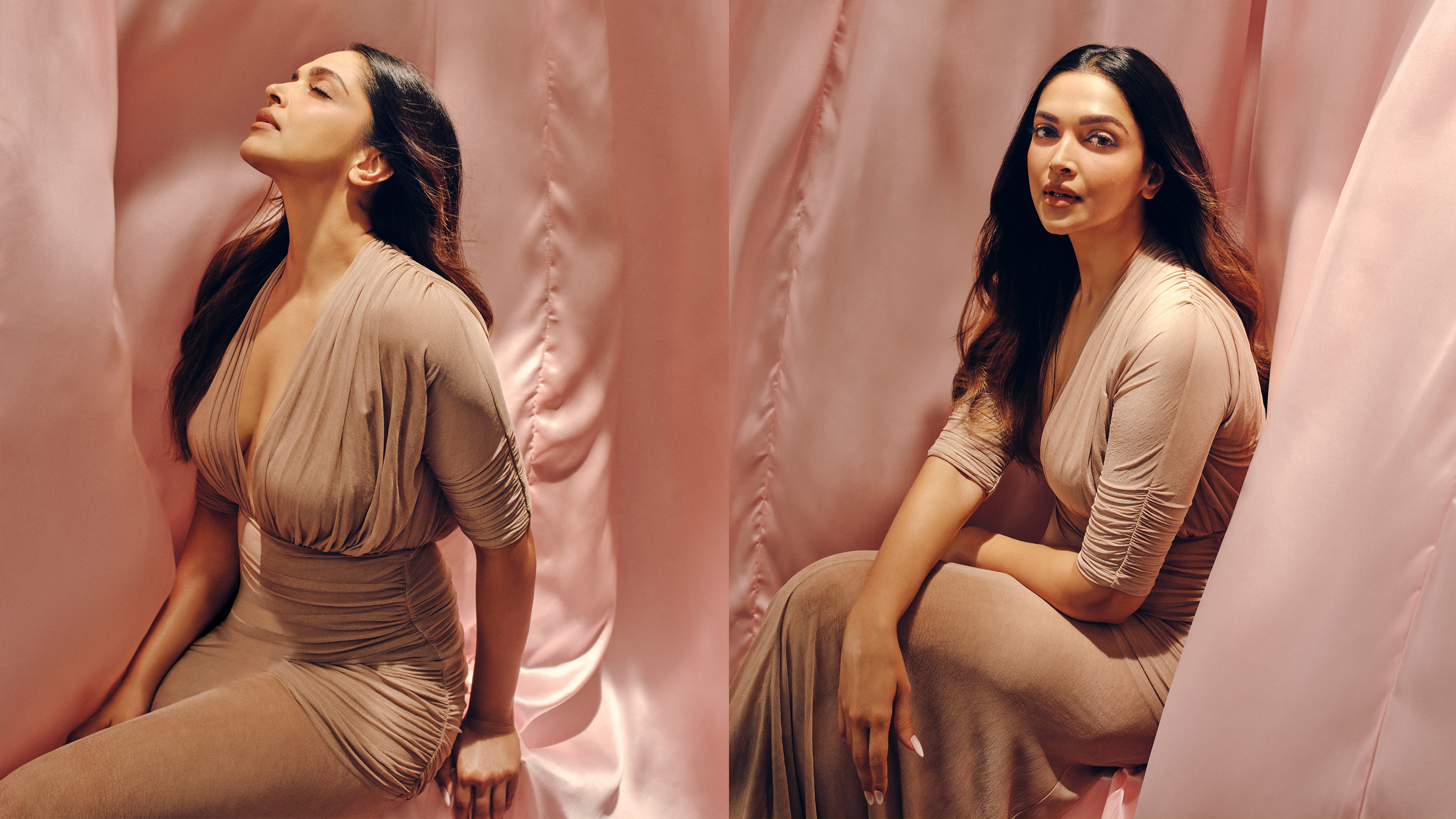 two photos of actress deepika padukone wearing a brown dress and posing as she's surrounded by blowing pink fabric