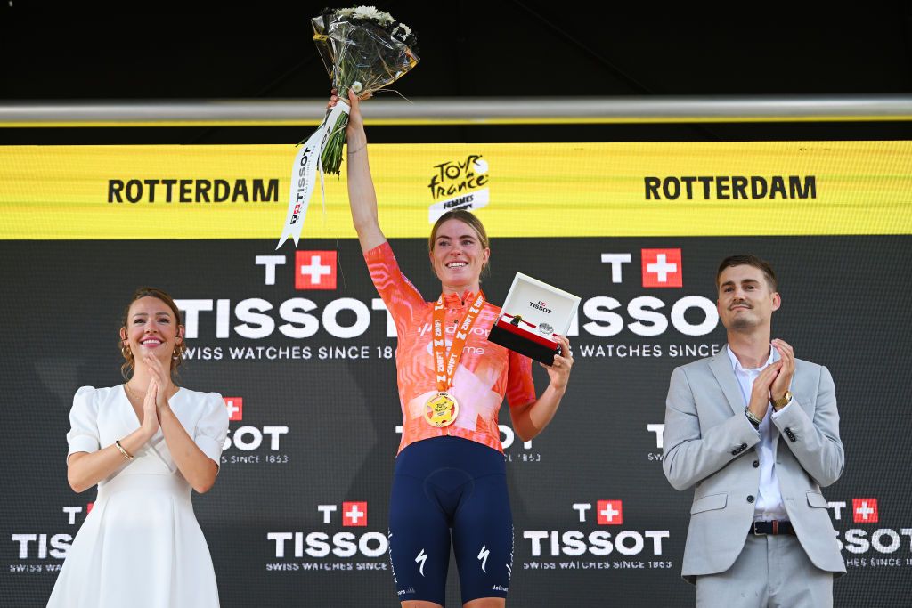 ROTTERDAM NETHERLANDS AUGUST 13 Demi Vollering of The Netherlands and Team SD Worx Protime celebrates at podium as stage winner during the 3rd Tour de France Femmes 2024 Stage 3 a 679km individual time trial stage from Rotterdam to Rotterdam UCIWWT on August 13 2024 in Rotterdam Netherlands Photo by Dario BelingheriGetty Images