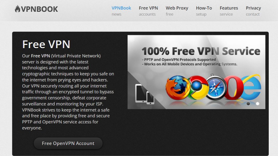 Website screenshot of VPNBook (August, 2025)