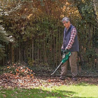 man using leaf blower in a garden