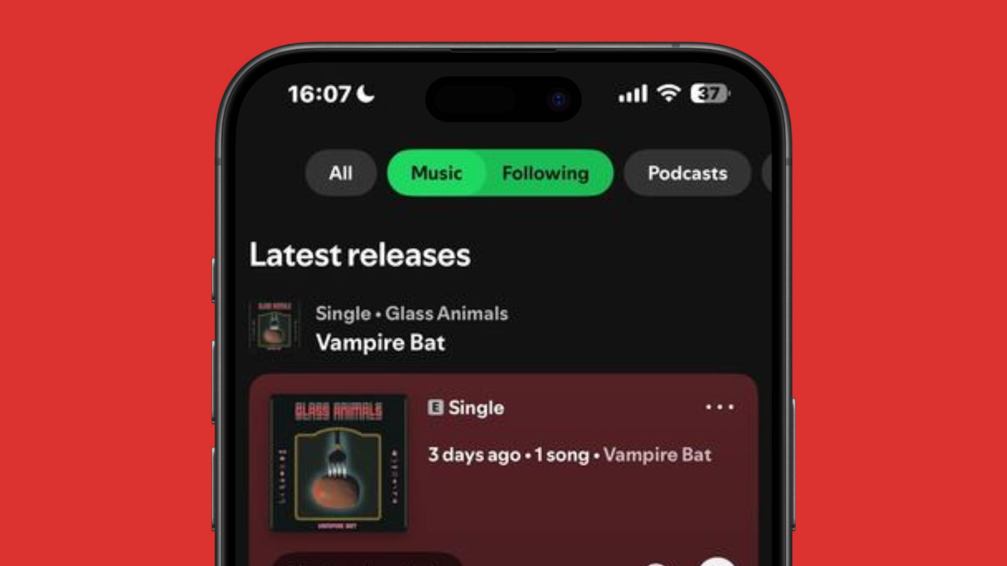 A screen shot of the Spotify home page with the new Music Following feed enabled