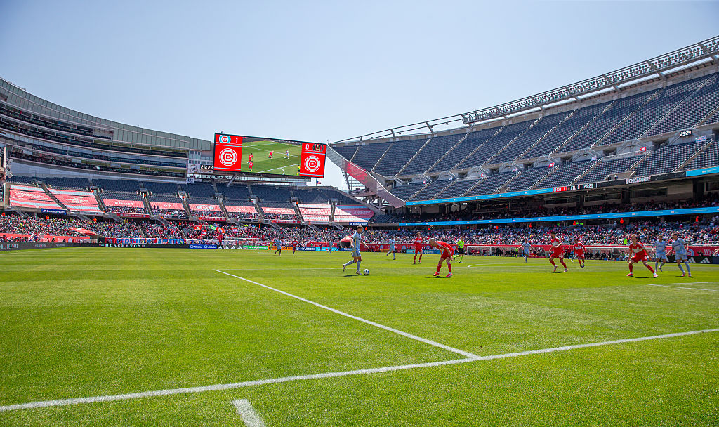 A general view of play during a game between Atlanta United FC and Chicago Fire FC at Soldier Field on May 10, 2025 in Chicago, Illinois