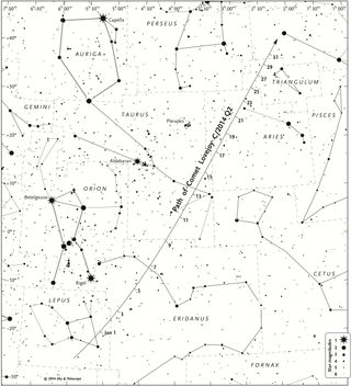 A detailed finder chart shows where to look for Comet Lovejoy during January 2015. Skywatchers can use this black-and-white version outside in dim light. The dates' tick marks indicate the position at 0:00 Universal Time (7 p.m. on the previous date Eastern Standard Time).