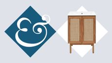 A wooden bathroom vanity on a Homes & gardens-branded background