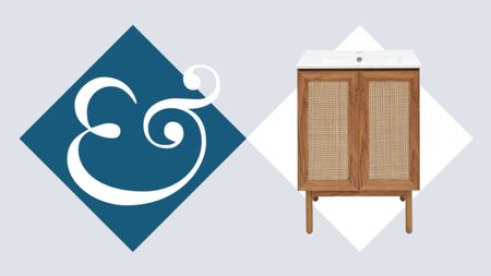 A wooden bathroom vanity on a Homes & gardens-branded background