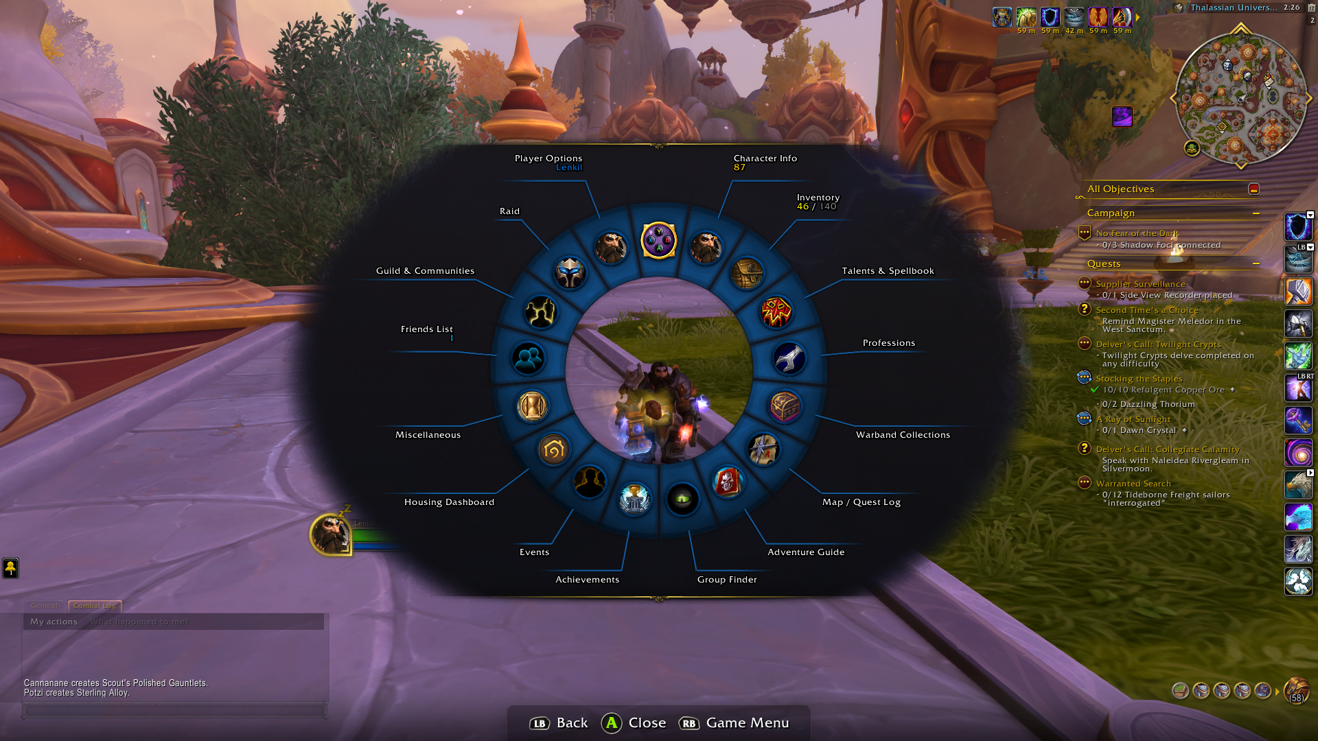 A radial menu added by the ConsolePort mod providing access to a variety of in-game features.