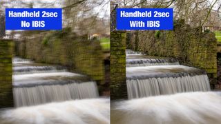 Two images of the same waterfall taken at two second exposures - one without IBIS looking blurred, and the other one with IBIS looking much sharper