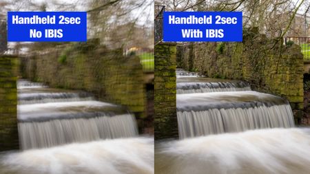 Two images of the same waterfall taken at two second exposures - one without IBIS looking blurred, and the other one with IBIS looking much sharper