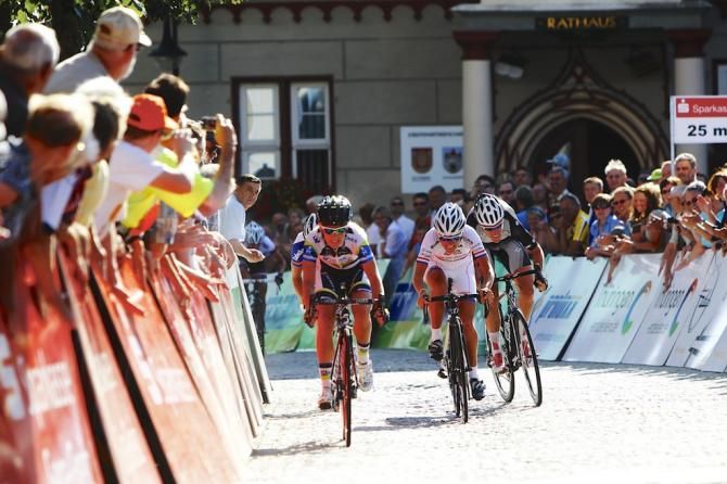Emma Johansson (Orica-AIS) sprints to victory ahead of Lizzie Armitstead (Boels Dolmans) to win stage 1 at the Internationale Th&uuml;ringen Rundfahrt