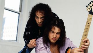 Ronnie James Dio (left) and Rowan Robertson, posing for a photo on April 10, 1990