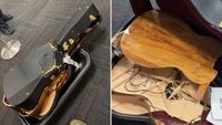 Titus Tucker's damaged guitar after taking an American Airlines flight, July 2026