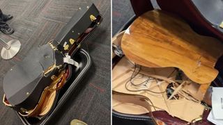 Titus Tucker's damaged guitar after taking an American Airlines flight, July 2026