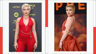 Florence Pugh pictured wearing a red jumpsuit, alongside a picture of her wearing a red dress