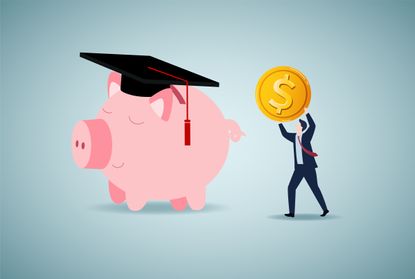 Illustration of a man inserting a coin into a piggy bank with a graduation cap. 