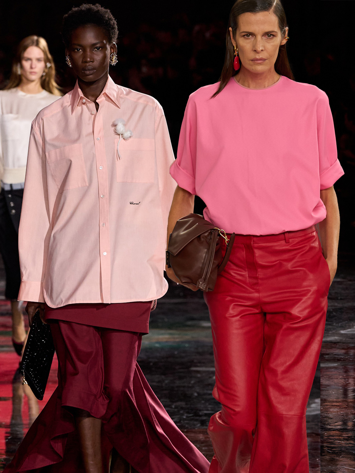 A collage featuring pink-and-red outfits from the Chanel and Fendi spring/summer 2026 shows.