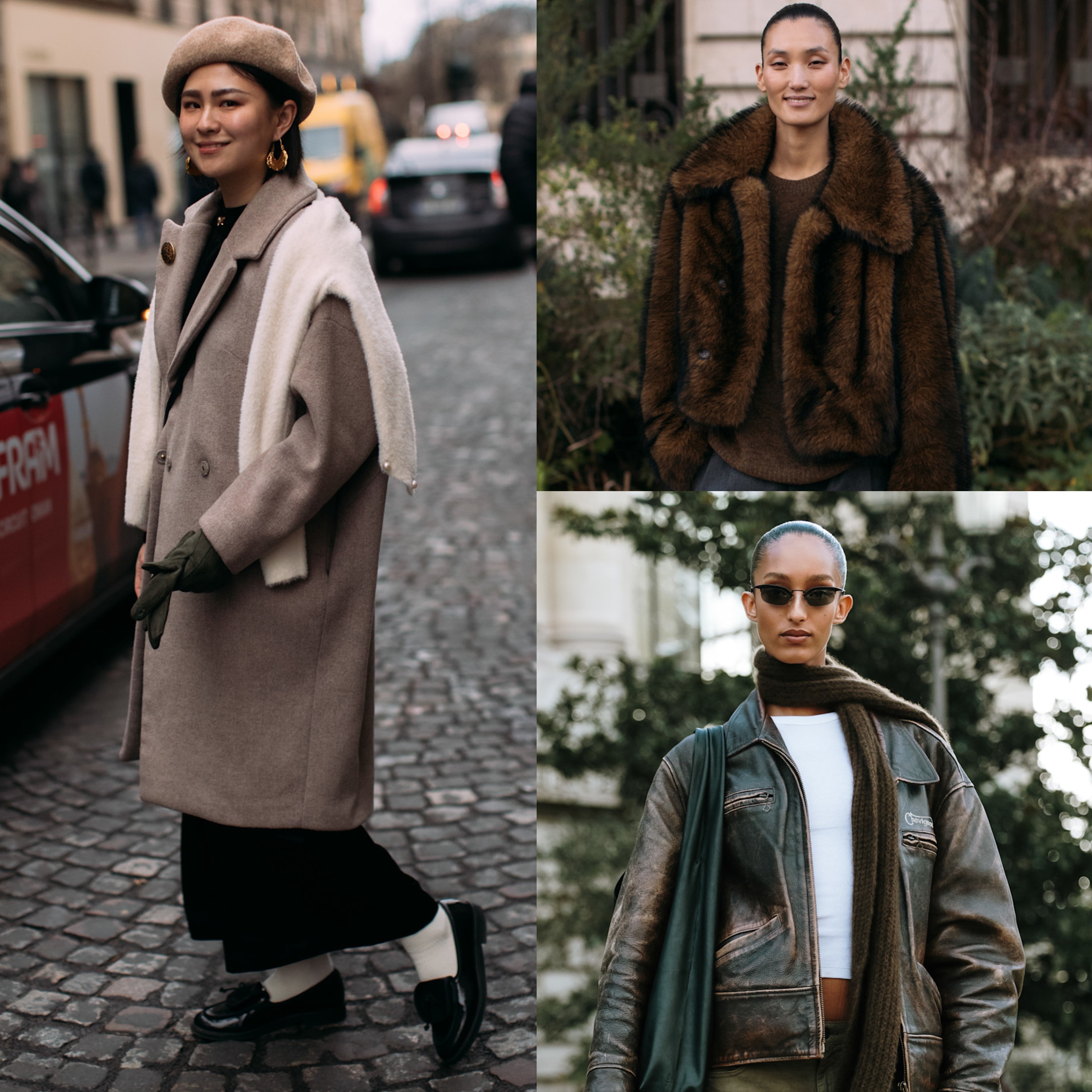 woman wearing coat, cardigan, and pants' woman wearing fur coat; woman wearing leather jacket and white tee