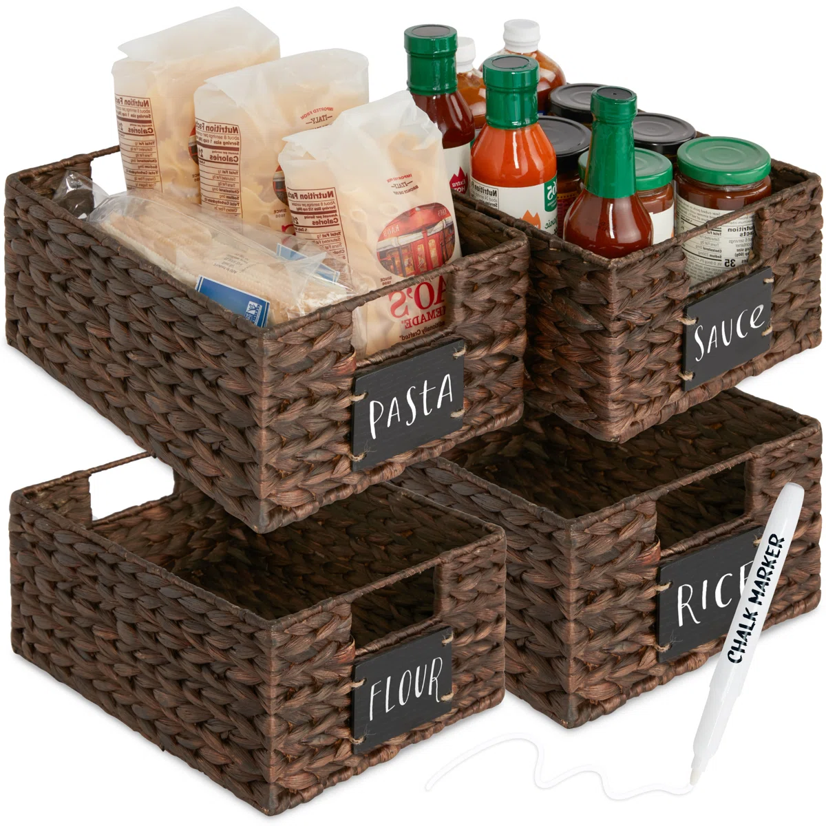Four Bayou dark wicker baskets from Wayfair with chalk labels on the front and white chalk marker to use