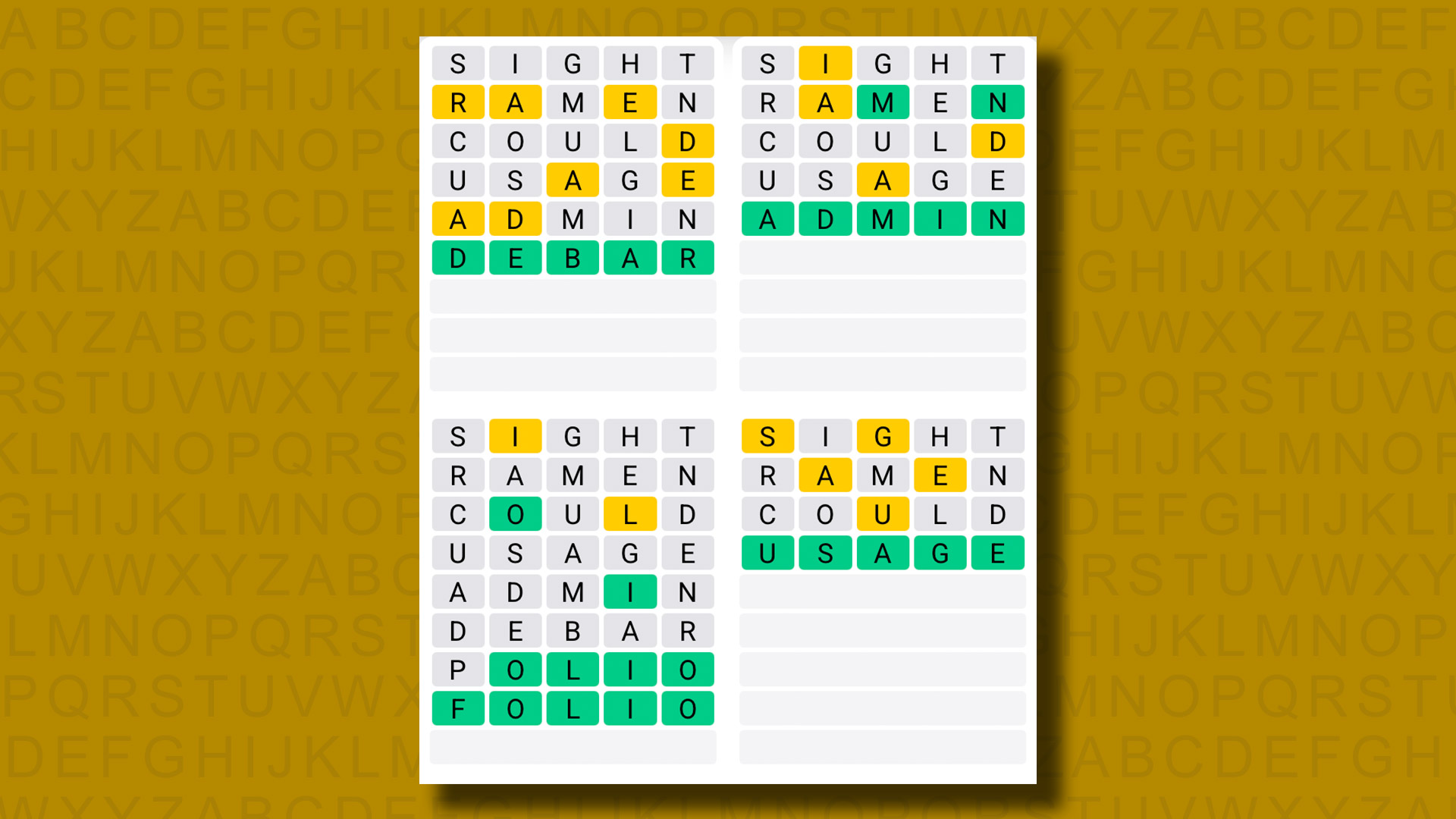 Quordle answers for game 1283 on a yellow background