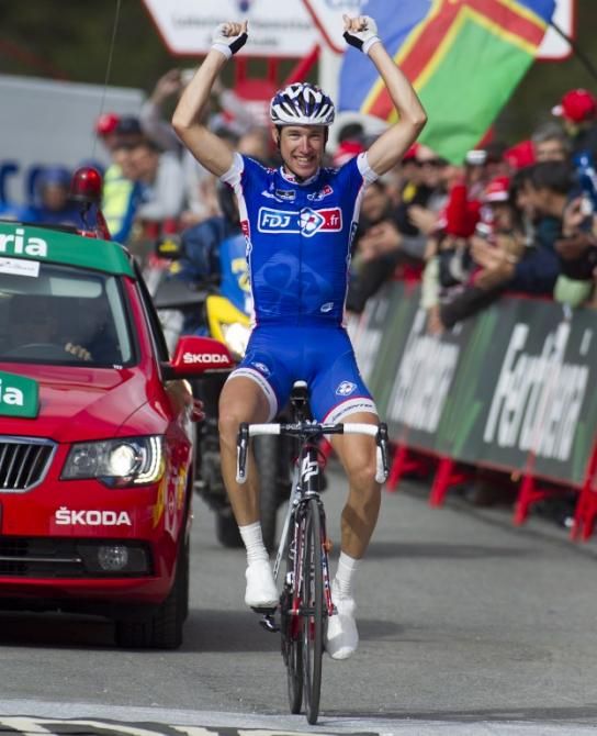 Alexandre Geniez (FDJ) celebrates victory in the queen stage at the Vuelta a Espana