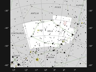 This chart shows the location of the star formation region Gum 15 (red circle) in the southern constellation of Vela (The Sails).