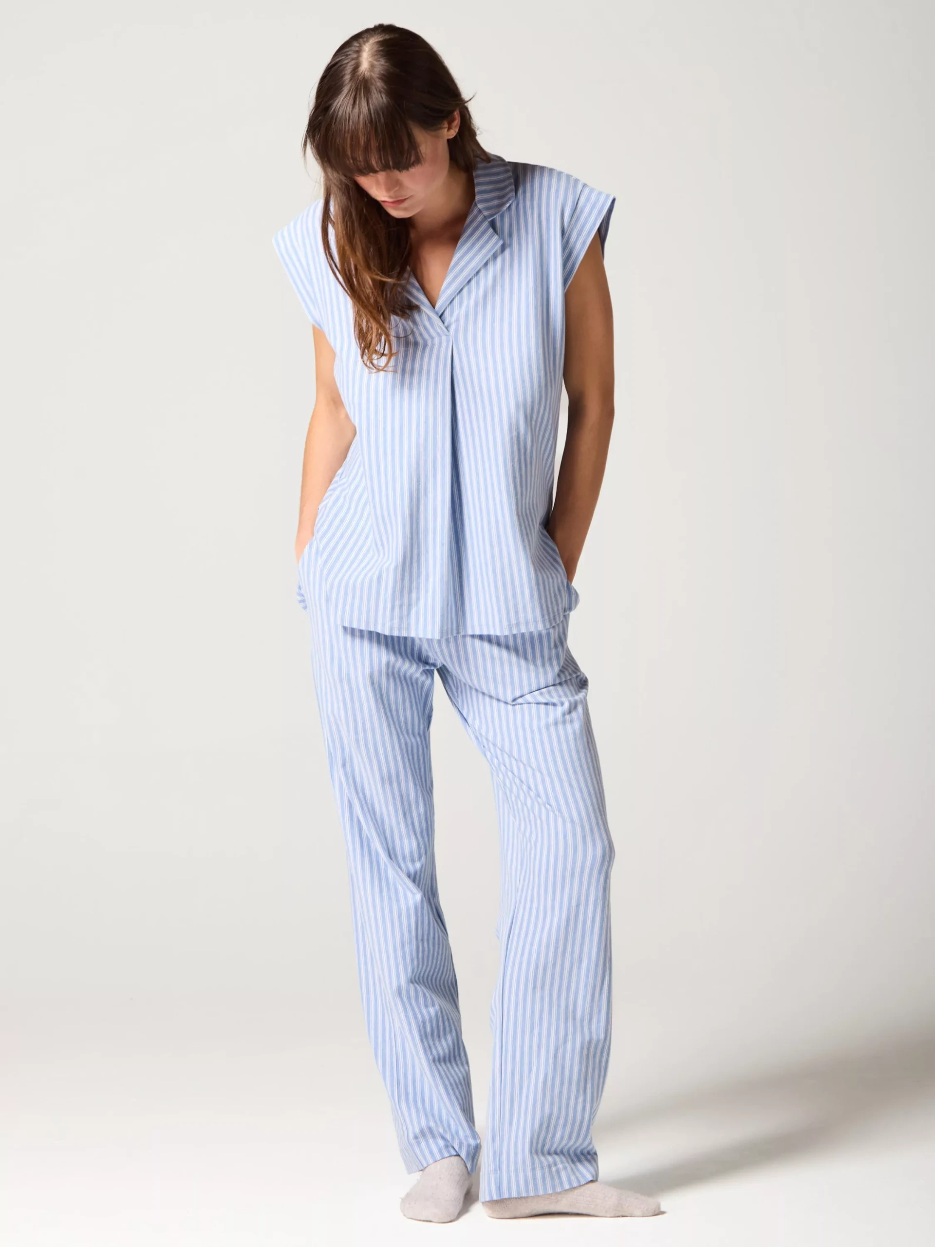 Mamu Stripe Long Cotton Pyjama Set, Blue