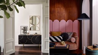 compilation of a living room and a bedroom showing art deco influences with curved design accessories