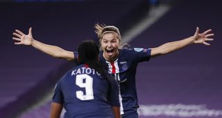 PSG’s Signe Bruun, right, celebrates with Marie-Antoinette Katoto after scoring