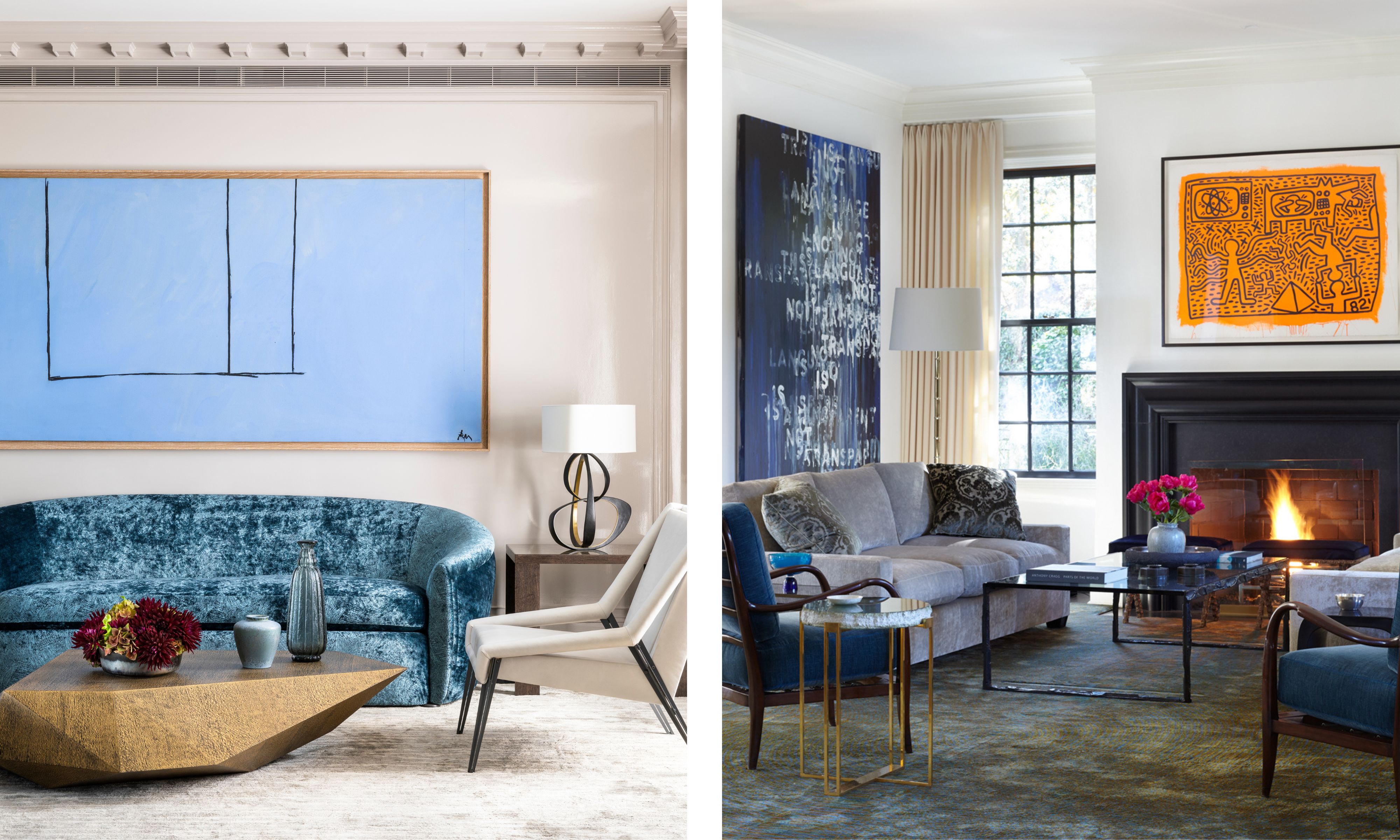 two shots next to each other. On the left, a modern blue sofa sits under modern blue art. On the right, a traditional gray sofa is next to an open fireplace